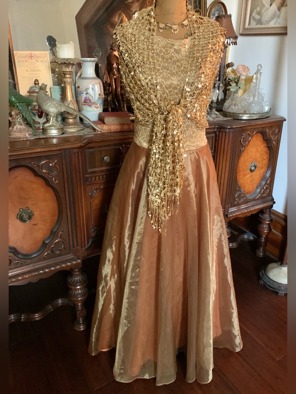 Vintage 90’s Autumn Fairy Gold Organza Prom New Year’s Evening Gown Dress/Shawl